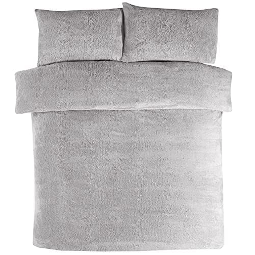 Image of Sleepdown Teddy Fleece Duvet Cover Quilt Bedding Set with Pillow Cases Thermal Warm Cosy Super Soft - Double - Grey