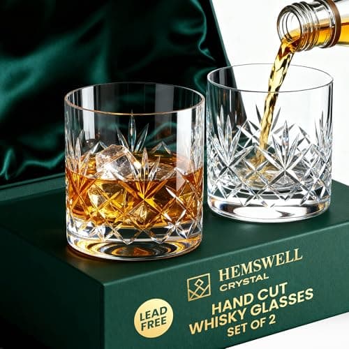 Image of Hemswell Crystal Whiskey Glasses Set of 2 - Crystal Whisky Glasses 310ml - Cut Glass Whiskey Tumblers - Lead Free - Satin Lined Box - Glenrigg