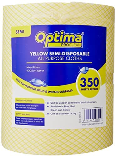 Image of Optima Proclean Lightweight All Purpose Cleaning Cloth, Wiping, 22 x 44cm, 1 x 350 Cloths On A Roll, Yellow