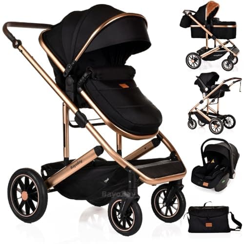 Image of Baby 3 in 1 Travel System Pram with Car Seat Stroller 3 in 1 Buggy Pushchair Child Lightweight Folding Stroller Pram for Newborns Toddlers from Birth (Black Gold Frame)