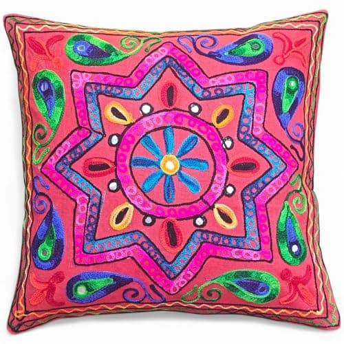 Image of Original Kikan Boho Indian Star Suzani cushion cover 40 x 40 cms, Suzani Multi Colour Embroidery - 16"x16" Ethnic Cushion Covers Vegan Eco FreindlY (RED)