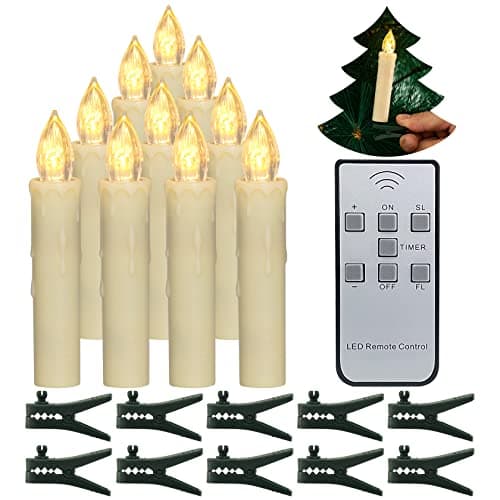 Image of PChero Christmas Tree Candles, 10pcs LED Flameless Flickering Battery Taper Candles with Remote Timer/Removable Clips/Waterproof Rings for Home Party Indoor Outdoor Xmas Trees Decor – Warm White