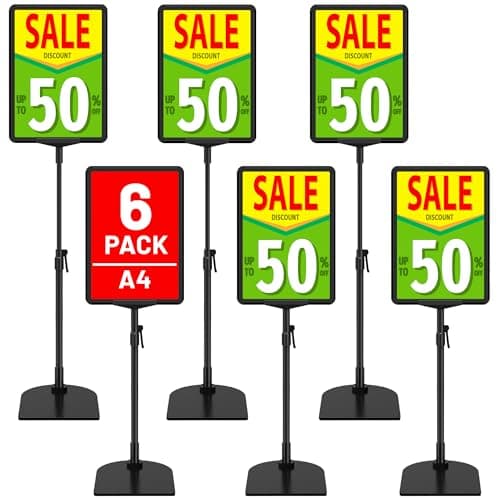 Image of VAIIGO 6Pack Sign Stand for Display A4, Adjustable Poster Stand for Table Top & Floor, Floor Standing Sign Holder, Metal Signage Stands for Business, Tradeshow, Store, Farm Display Stands