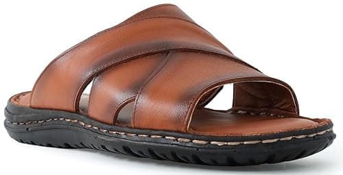 Image of Lusco Sandals Mens Open Toe Full leather Comfort Indoor and Outdoor Summer Sliders T2 (Tan, UK Footwear Size System, Adult, Men, Numeric, Medium, 14)