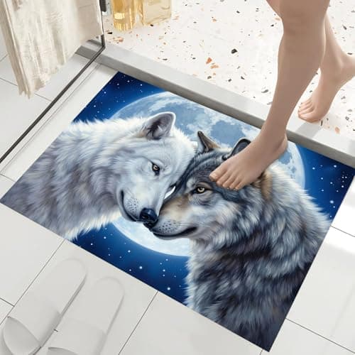 Image of JEDTAKCT Fantasy Full Moon Wolf Door Mat For Indoor Navy Blue Nocturnal Animals Small Throw Rugs, 40X60Cm, Non-Slip Entrance Rug Machine Washable Soft Doormats For Kitchen Bathroom Bedroom