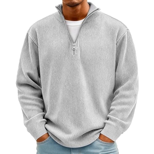 Image of Men's Quarter-Zip Pullovers Corduroy Quarter-Zip Mock Neck Sweatshirt White 5XL