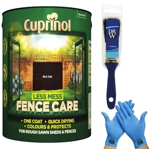Image of Cuprinol Less Mess Rich Oak Fence Care Stain 6L + Free 4 Inch Fence Paint Brush & Nitrile Gloves – One‑Coat Coverage, Quick Drying, Rich Colour & Low Odour
