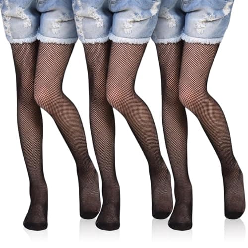 Image of UILYNIU 3 Pairs Black Fishnet Tights Mesh Pantyhose for Girls, Childrens Netted Tights Footed Net Leggings, Fish Nets Stockings for Dance Ballet Stage Gymnastics Party Ballet Halloween