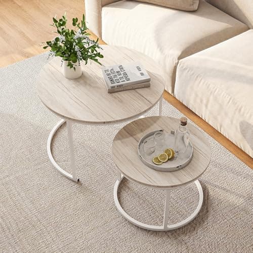 Image of HOJINLINERO Round Coffee Table Living Room,OAK Coffee Table Nesting Table Set of 2,Metal Frame/Wood Sofa Table,Sturdy and Easy Assembly,Modern Stacking Side Table for Bedroom,Office,Balcony,White