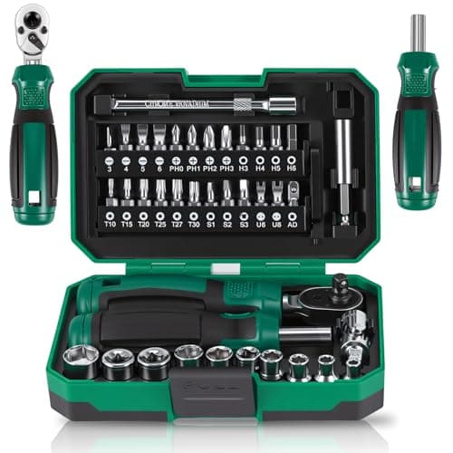 Image of Bryazal 40 Pcs 1/4" Socket Set Driver Bits Metric Tool Set Quick Release Ratchet Wrench Set with Flexible Extension Rods CRV Sockets/Deep Sockets Tool with Storage Case for Car Bicycle Repair & DIY