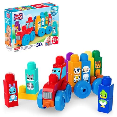 Image of MEGA BLOKS First Builders Toddler Block Toys Set, Build & Match Animal Tractor with 30 Pieces, Learn Animals and Colors, Red and Blue, Ages 1+ Years, JKG33