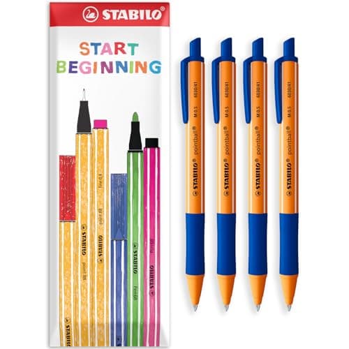 Image of STABILO pointball Ballpoint Pen - 0.5mm Line Width - Refillable & Retractable - Pack of 4 Pens in Envelope Gift Packaging - Blue Ink