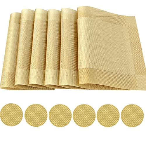 Image of Time to Sparkle Set of 12 PCS Vinyl Woven 6pcs Placemats + 6pcs Coasters Place Mats Non slip Table Mats Waterproof Heat-resistant Dining Table Mats Decor(Gold)