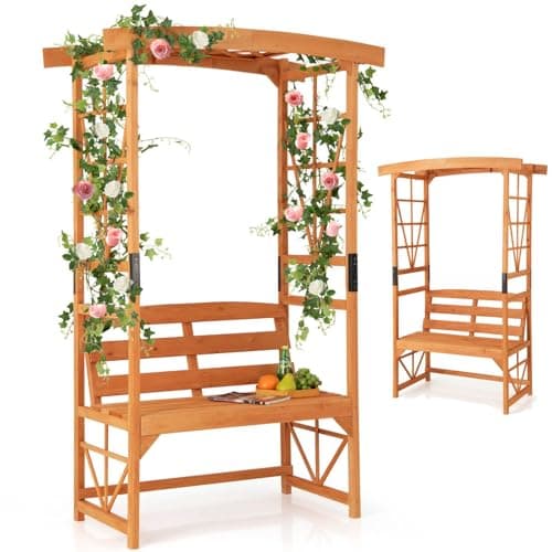 Image of TANGZON Garden Arch with 2-Seat Bench, Wooden Lawn Patio Trellis Pergola, Outdoor Rose Vines Climbing Support Garden Arbor Archway for Wedding Party (120 x 58 x 189 cm, Orange, 300kg)