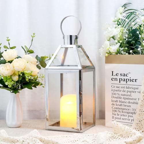 Image of JHY DESIGN Stainless Steel Candle Lantern, 34cm High Hanging Glass Lantern|Candle Holders Balcony Accessories for Candles Indoor Outdoor Party Wedding Garden Hallway Pavilion Patio Living Room(Silver)