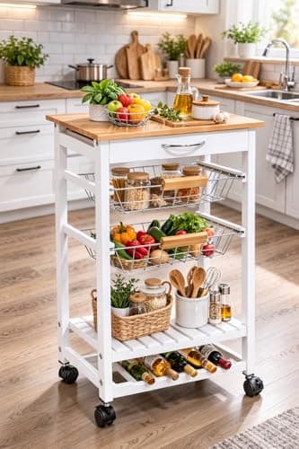 Image of spot on dealz® 5 Tier Kitchen Trolley on Wheels Fruits Vegetable Rack Storage Cart Kitchen Island with Drawer Metal Baskets Wooden Oak Top Shelf Furniture Unit