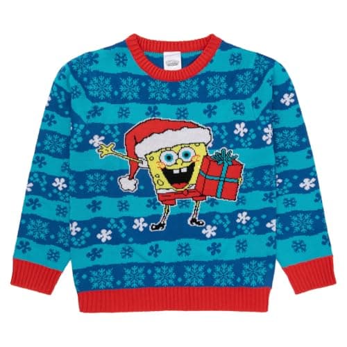 Image of SPONGEBOB SQUAREPANTS Boys Christmas Jumper | Kids Festive Knitted Xmas Sweater | Santa Spongebob Design | Ages 4–10 Years (UK, Age, 4 Years, 5 Years, Regular) Blue