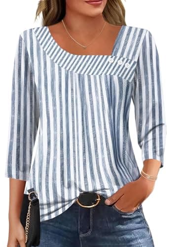 Image of Kistore Plus Size Tops for Women Three Quarter Sleeve T Shirts Fashion Trendy Striped Jersey Tops Square Neck Blouses for Work Office XL