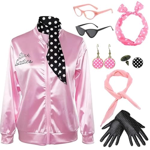 Image of Amycute Pink Ladies Jacket 1950s Pink Satin Jacket with Polka Dot Scarf Cat Eye Glasses, Grils Women Halloween Cosplay Hen Party Fancy Dress Up Props