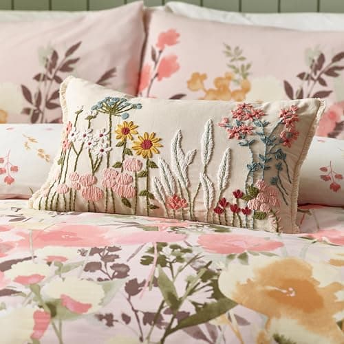 Image of Catherine Lansfield Countryside Floral Embellished 30x40cm Cushion Natural
