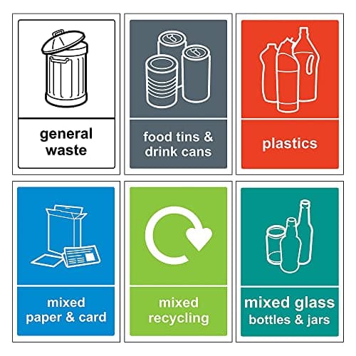 Image of 6 Self Adhesive Multi Recycling Bin Stickers, Waterproof Labels for Waste Bins, Food, Plastics, Mixed Paper and Card, Mixed Glass and General Waste 6 Decals, 150 x 100mm