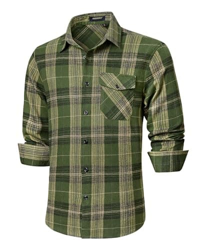 Image of HISDERN Plaid Shirts Men Army Green Flannel Checked Shirt Casual Lumberjack Long Sleeve Shirt with Pockets 2XL