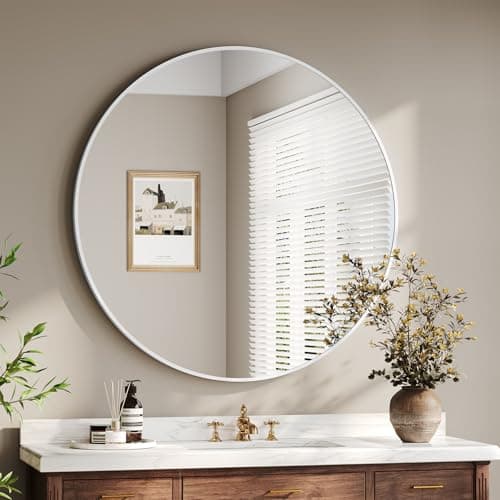 Image of Dripex 80cm Round Wall Mirror, Aluminum Frame Tempered Glass Circle Mirror, Large Decorative Hanging Vanity Mirror for Bathroom, Hallway, Living Room & Bedroom, White