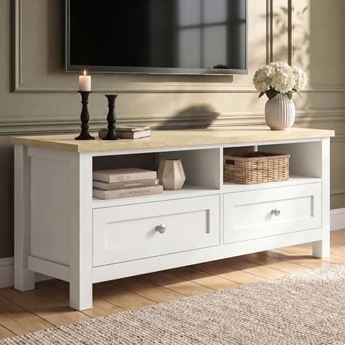 Image of Blisswood TV Unit for 40–50 Inch TVs, Painted Wooden TV Stand & Console with 2 Drawers & 2 Open Shelves, 120cm Entertainment Unit Cabinet for Living Room Bedroom, Space Saving (White)