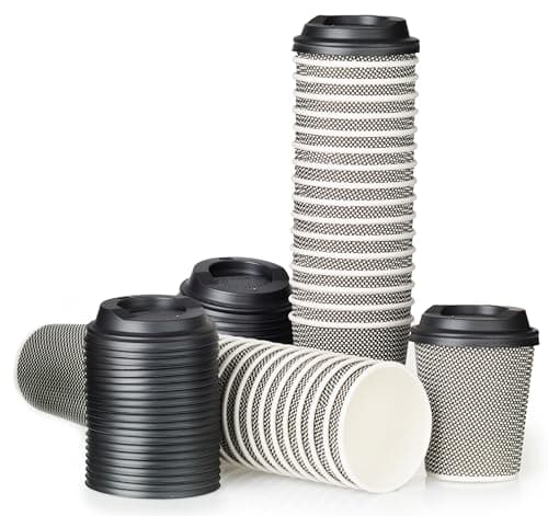 Image of Signature Packaging – Luxury Ripple Insulated Paper Cups with Lids, Disposable for Coffee, Hot Beverages, Leak-Proof for Cafes, and Catering - 8oz Pack of 50 (Black + White) Cups with 50 Black Lids