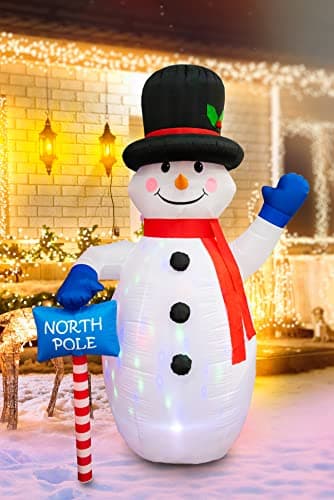 Image of 6ft Inflatable Hand Waving Snowman with North Pole Sign Board Pre Lit Mains Powered Multicolour LED Lights Christmas Props Outdoor Garden Decoration