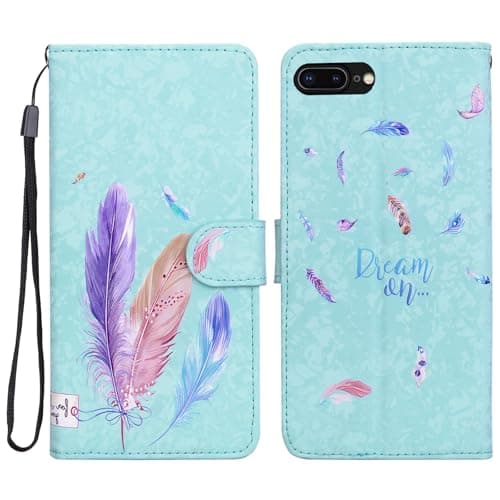 Image of Tiyoo Case for iPhone 7 Plus/iPhone 8 Plus, Bright Colorful PU Leather iPhone 7Plus/8Plus Phone Case with Feathers Pattern, Card Slots & Magnetic Closure, Blue