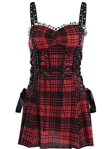 Image of DINGJIUYAN Halloween Tartan Red Plaid Cold Shoulder Dress - Lace Up Bandage Gothic Prom Slip Eyelet Mini Dress - Red M