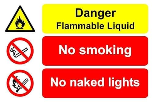 Image of Danger flammable liquid no smoking no naked flames safety sign - Self adhesive sticker (200mm x 150mm)