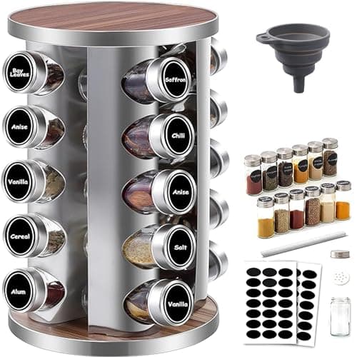 Image of Amalan Rotating Spice Rack with 20 Spice Jars,Food grade material, 430 stainless steel.Seasoning Storage Organization for Kitchen Home Dried Herbs.with Labels and Funnel Included-wood grain