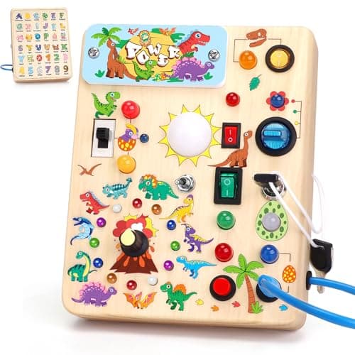 Image of Dinosaur Montessori Busy Board for toddlers for 1 year old Activity Board Wooden Toy With 10 Switches and 23 LED Lights Sensory Board Motor Skills Toy for Babies and Children 1 2 3 years Boys
