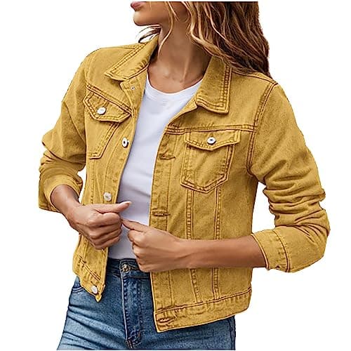 Image of TURWXGSO Denim Jackets for Women UK Cropped Jacket Long Sleeve Slim Fit Coat Casual Open Front Outerwear with Chest Pockets Vintage Solid Color Lightweight Jean Jackets UK Size 8-16