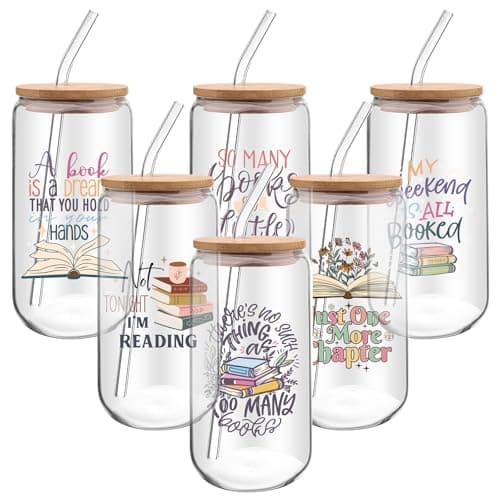 Image of 6 Pcs Book Lover Gifts 16 oz Drinking Cups Glass Cups with Lids Straws Iced Coffee Mug Tumbler Bookish Gifts for Readers Librarian Book Club Staff Nurse Teacher Gift Library Employee Reading Lovers