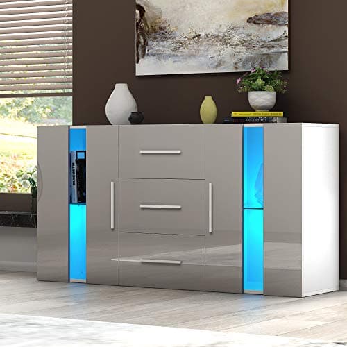 Image of Panana 2 Door & 3 Drawer Modern RGB Lights Sideboard Cabinet, Matt & High Gloss Cupboard Unit Livingroom (Grey)