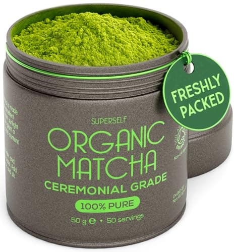 Image of SuperSelf Organic Matcha Powder - Ceremonial Grade & 100% Pure - Smooth Taste & Vibrant Green - Macha for Straight Tea, Lattes, Baking - Certified Organic - Japanese Stone Ground Method - 50g Gift Tin