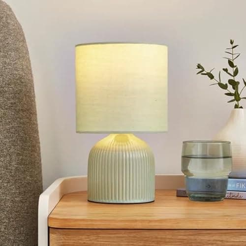 Image of jafe Small Yet Elegant Ceramic Table Lamp for Bedside, Office, Bedroom, Living Room, Dorm, Desk, Kids Room and Reading with Minimalist Ribbed Base and Warm Fabric Satin Shade (Sage Green)