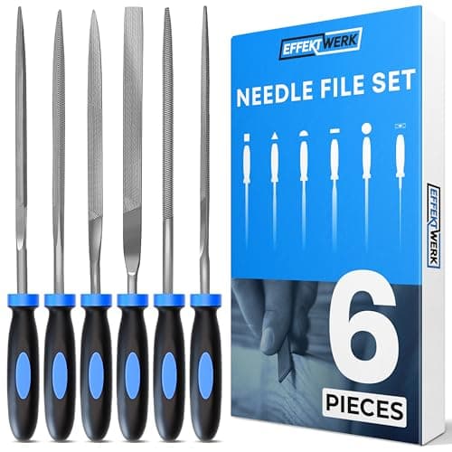 Image of EffektWerk - 6 pc Needle File Set for Wood, Metal, Plastic and Jewellery - 160x4mm - Small Round, Half Round, Square, Triangle, Flat and Flat Pointed Files - Fine Finishing with Ergonomic Handles