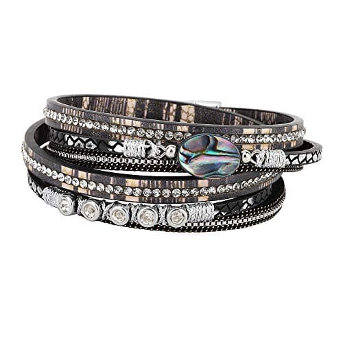 Image of Emibele Layered Leather Bracelet, Bohemian Style Multilayer Wrap Bracelet with Abalone Element and Diamond for Women Ladies Adult - Black