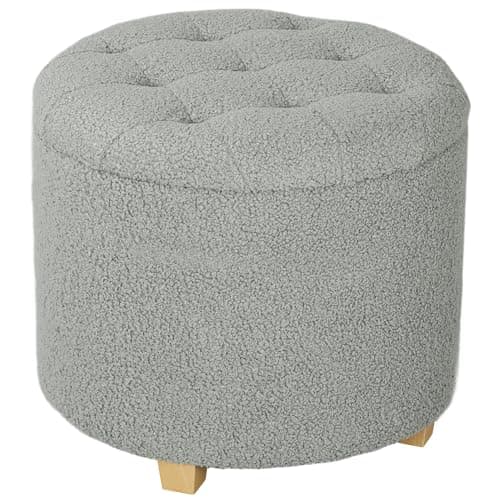 Image of HOMCOM 45cm Round Storage Ottoman, Teddy Fleece Footstool with Removable Lid and Wood Legs, Button Tufted Vanity Stool for Living Room Bedroom Hallway, Grey