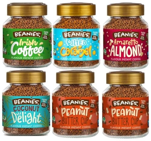 Image of Beanies Flavoured Instant Coffee Variety Pack - 6 x 50g jars - Irish Coffee, salted caramel, Amaretto Almond, Coconut Delight, Peanut Butter