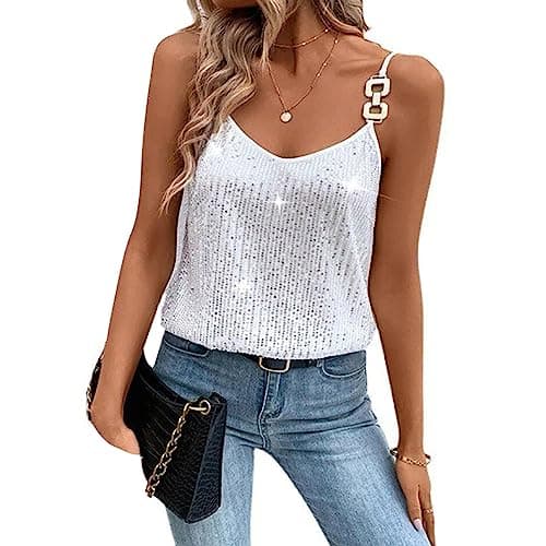 Image of FeMereina Womens Sequin Top V Neck Strappy Sparkle Camisole Glitter Sleeveless Tanks Tops Chain Strap Shimmer Cami Party Vest (White, M)