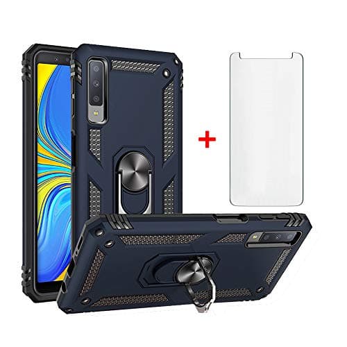 Image of Phone Case for Samsung Galaxy A7 2018 with Tempered Glass Screen Protector Stand Ring Holder Shockproof Silicone Heavy Duty Accessories Magnetic Metal Hard Glaxay A 7 SM-A750FN A750GN Girls Blue