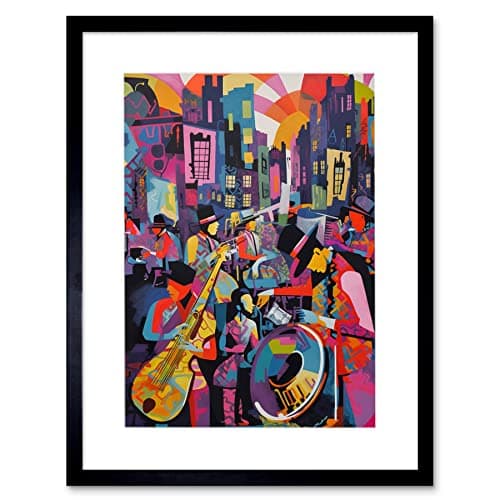 Image of Artery8 New Orleans Jazz Festival Street Musicians Playing Music City at Sunset Abstract Modern Painting Artwork Framed Wall Art Print 12X16 Inch