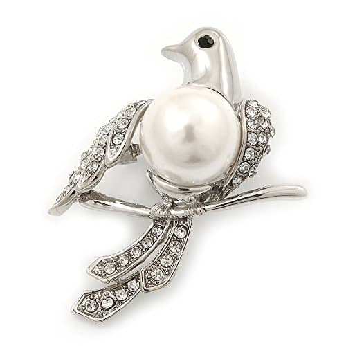 Image of Diamante 'Dove' Brooch In Rhodium Plated Metal - 4.5cm Length