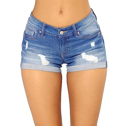 Image of Womens Low Rise Ripped Denim Shorts Extremely Soft Stretchy Distressed Casual Roll-Up Boyfriend Jeans Short Hotpants Summer Turn-Up Half Short Pants with Pockets Light Blue