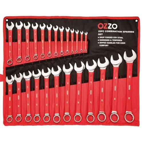 Image of OZZO 25 Piece Combination Metric Spanner Set (6-32mm) | Open Ended & Ring Wrench Set with Storage Tool Roll | CRV Steel Heavy Duty Hand Tools | Soft Grip Dipped Handles